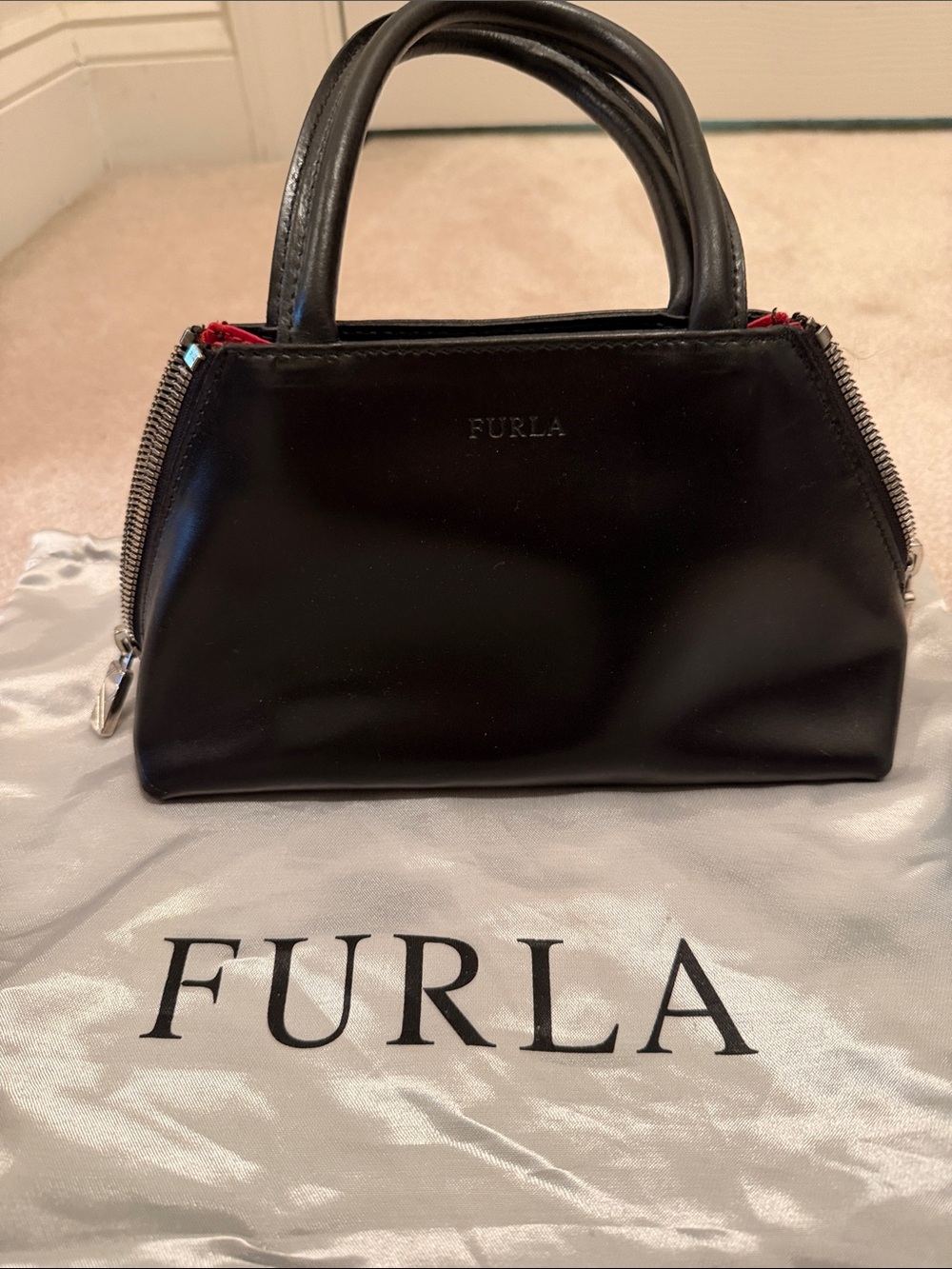 Furla Black Leather Mini Top-Handle Bag with Red Side Trim Zippers